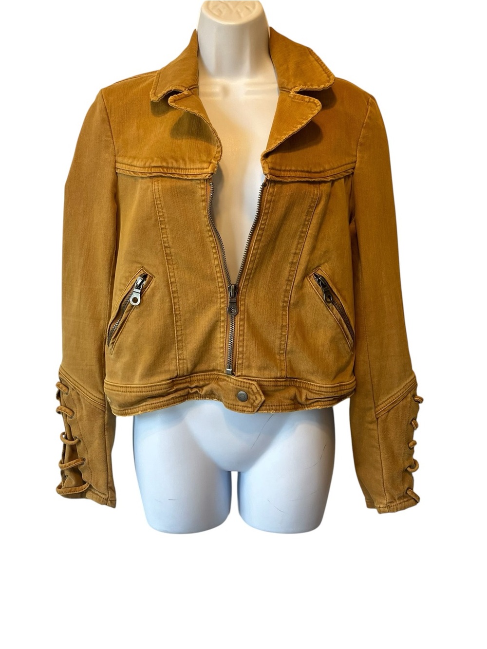 Free People Feel Good Brenda Denim Moto Jacket S Tan Gold mustard Womens